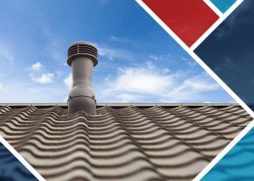 A tiled roof with a chimney and a blue sky.