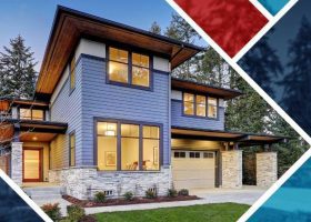 An image of a house with a blue, red, and white color scheme.