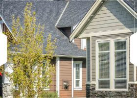 A house with siding and a tree in front of it.