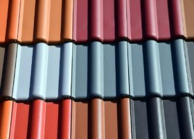 A close up of a roof with many different colored shingles.