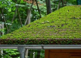 A house with a green roof covered in moss.