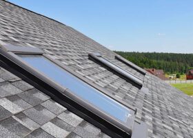 A shingled roof with two leaky skylights on it.