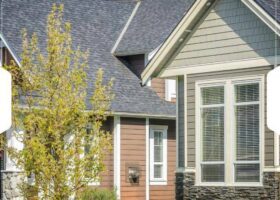 A house with siding, insulation, and a tree in front of it.