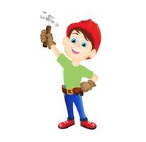 A cartoon character holding a hammer while standing on a rain gutter.