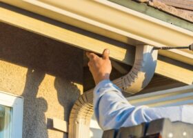 A man is diligently working on the gutters of a house, ensuring there is no gutter clogging.