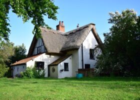 A house with a thatched roof in the middle of a field, adorned with charming moss growth.